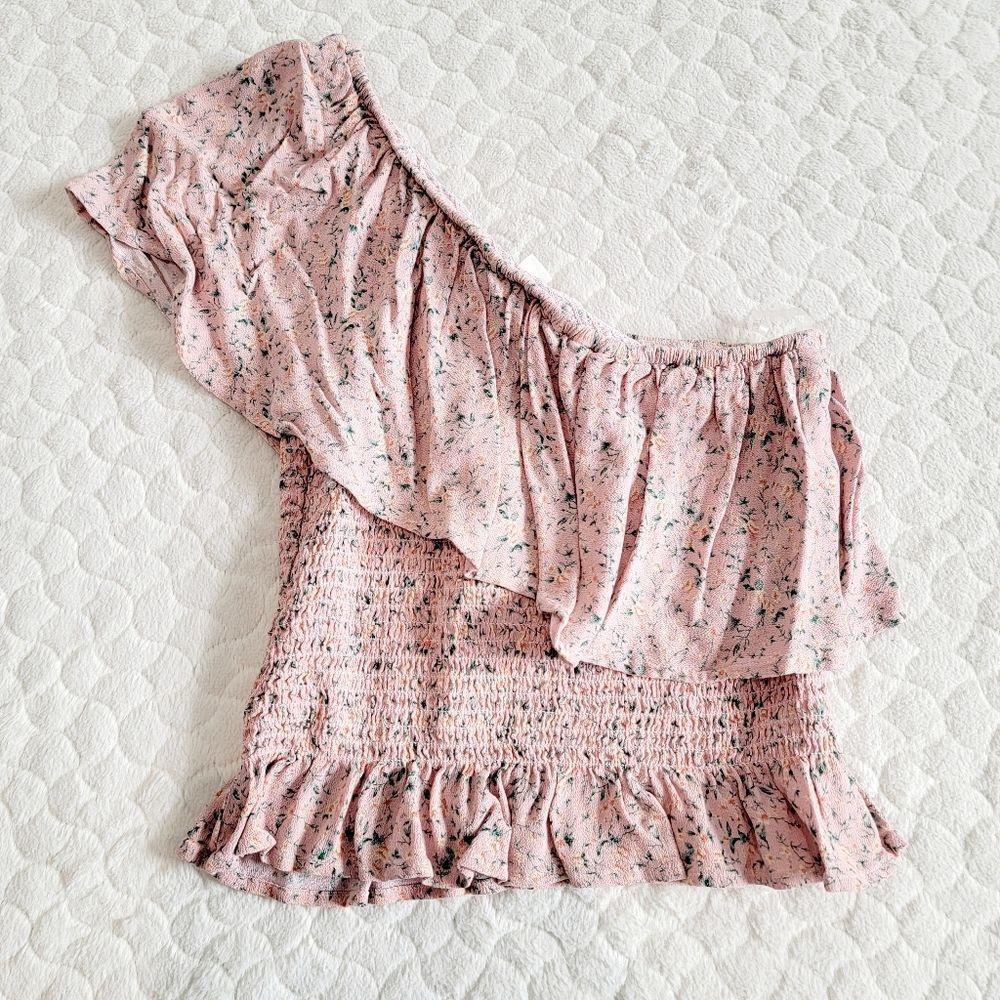 American Eagle assymetrical floral top blouse ruffle smocked flowers small pink